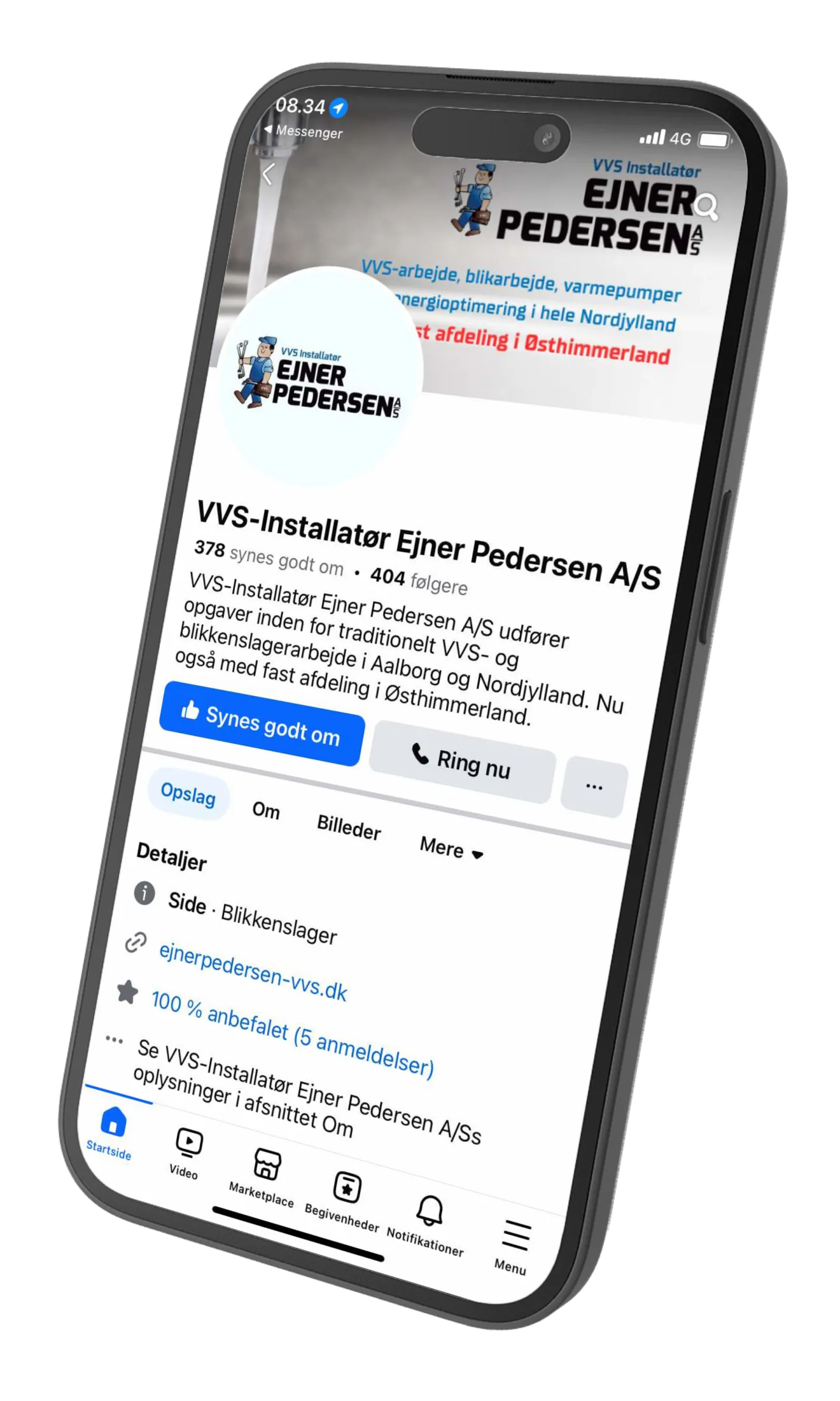 Ejner Pedersen VVS' Facebook-side vist på en telefon
